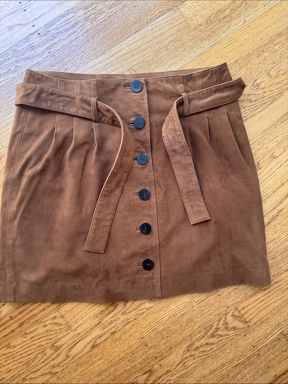 Sezane Brown Suede-Look Button Front Mini Skirt with Tie Belt